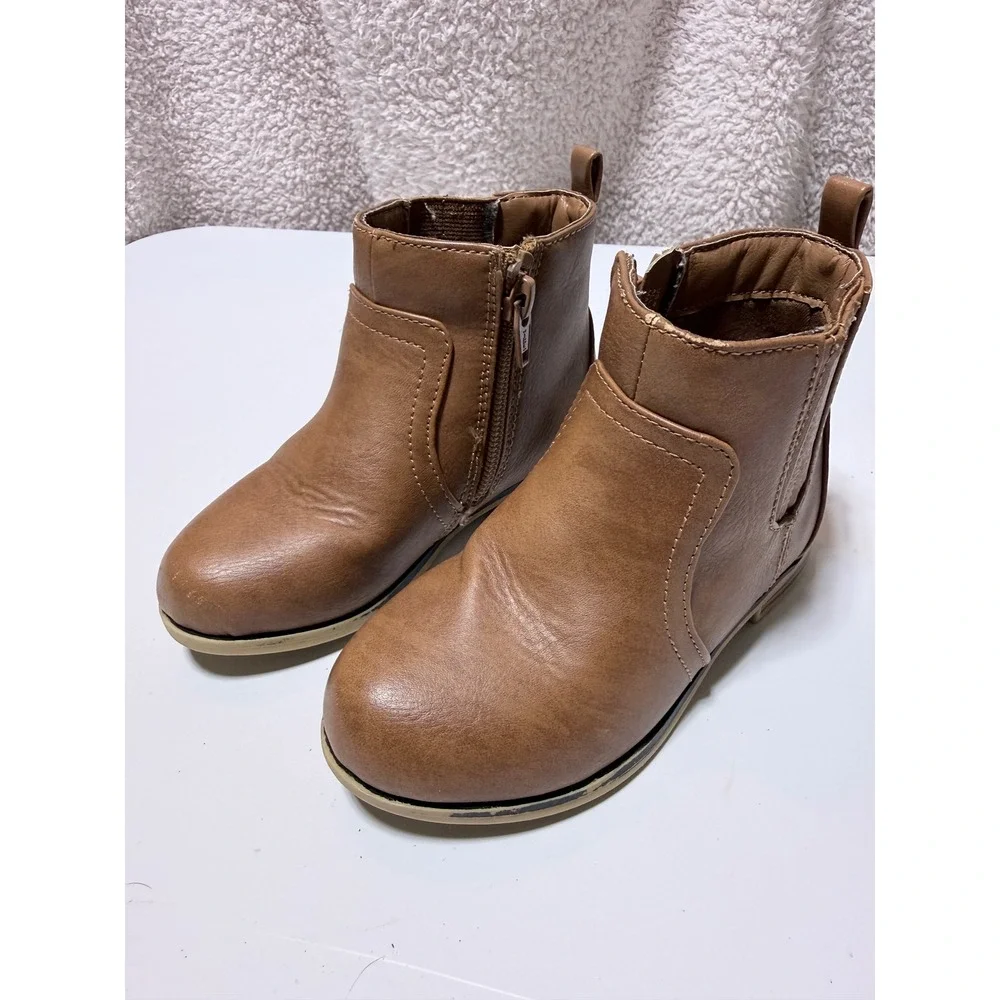 Toddler Kids Brown Faux Leather Ankle Boots Side Zip Booties Size 8